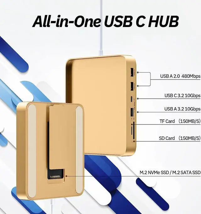 Alt view image 2 of 7 - USB C Hub for iMac 24 inch 2021, Minisopuru USB Hub Adapter Support M.2 NVMe SSD, iMac USB Hub, 7 in 1 iMac Accessories with USB C 10Gbps, USB A 3.2, SD/TF Card Reader, M.2 SSD(Not Included), Yellow.