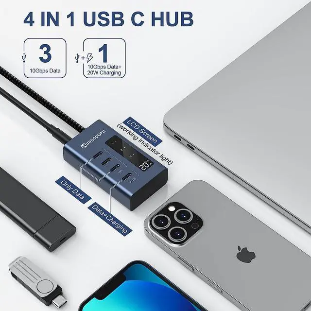 Alt view image 4 of 7 - Minisopuru Powered USB C Hub, 10Gbps USB-C Hub 4 Ports Support Data & Smart Charging(Not Support Video), USB C to USB C Hub Multiport Adapter for MacBook Pro/Air, iMac, iPad, Phone, Chromebook, etc.
