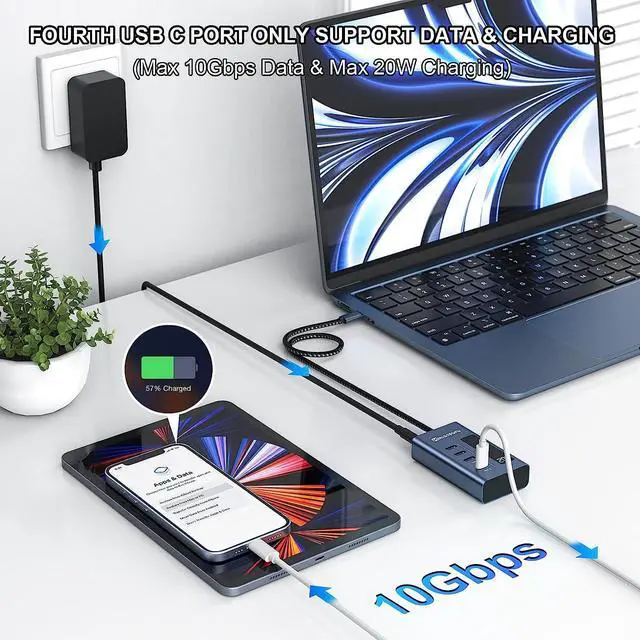 Alt view image 3 of 7 - Minisopuru Powered USB C Hub, 10Gbps USB-C Hub 4 Ports Support Data & Smart Charging(Not Support Video), USB C to USB C Hub Multiport Adapter for MacBook Pro/Air, iMac, iPad, Phone, Chromebook, etc.
