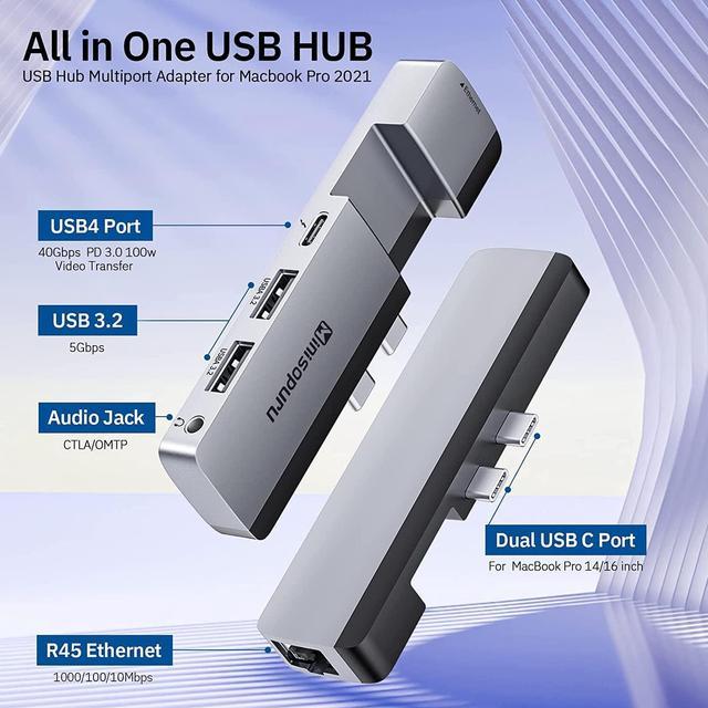  Plugable 5-in-1 USB C Hub Multiport Adapter for MacBook Pro  14/16 Inch, Macbook Air M2 - USB-C 40Gbps Port Compatible with  Thunderbolt/USB4 and 100W PD, Supports MagSafe (Ethernet, 2x USB),  Driverless 
