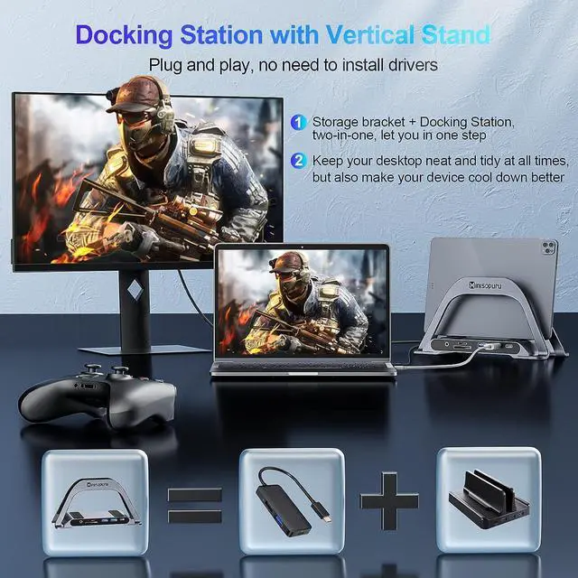 Alt view image 6 of 7 - Laptop Docking Station, 10 in 1 Vertical Stand USB C Docking Station for MacBook Pro/Windows, MacBook Docking Station with Ethernet Compatible with M1/M2(3 USB3.0, One 4K HDMI, Charge, SD/TF, Audio)