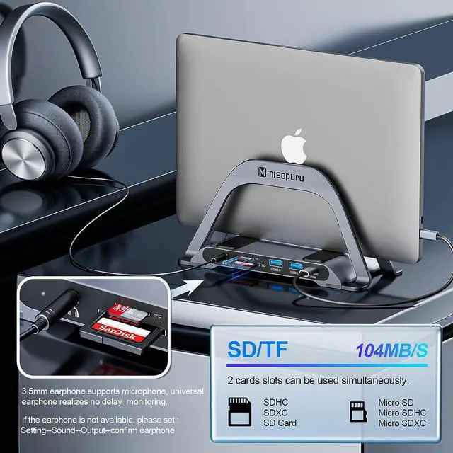 Alt view image 4 of 7 - Laptop Docking Station, 10 in 1 Vertical Stand USB C Docking Station for MacBook Pro/Windows, MacBook Docking Station with Ethernet Compatible with M1/M2(3 USB3.0, One 4K HDMI, Charge, SD/TF, Audio)
