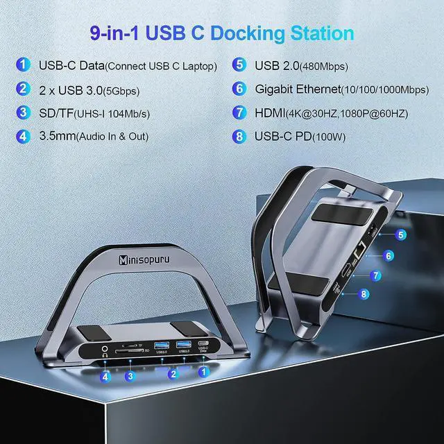 Alt view image 5 of 7 - Laptop Docking Station, 10 in 1 Vertical Stand USB C Docking Station for MacBook Pro/Windows, MacBook Docking Station with Ethernet Compatible with M1/M2(3 USB3.0, One 4K HDMI, Charge, SD/TF, Audio)