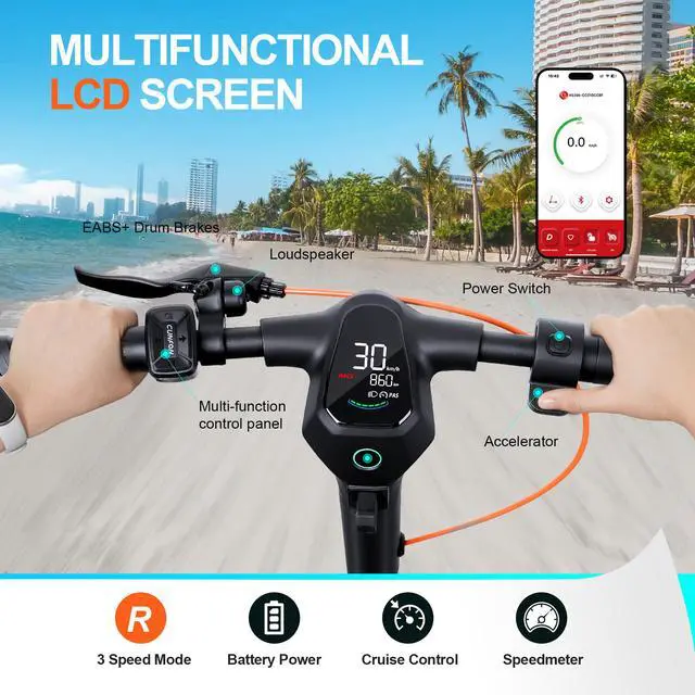 Alt view image 6 of 6 - CUNFON Electric Scooter for Adults, 500W Motor, Up to 19 MPH & 37 Miles Long-Range, 10" Pneumatic Tires, Fingerprint, Folding E-Scooter with Dual Brakes and APP, Ideal for Safe Commuting