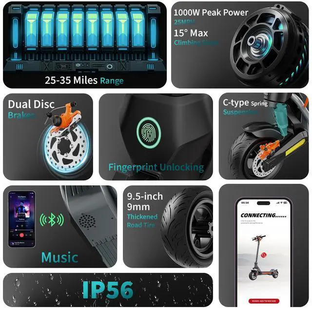 Alt view image 4 of 7 - CUNFON Electric Scooter 1000W Motor 25MPH 25-35Miles 624Wh Battery Fingerprint Unlock APP Control 220LBS Max Payload Net Weight 57LBS with Fingerprint Unlock Cruise Control for Adults & Tweens