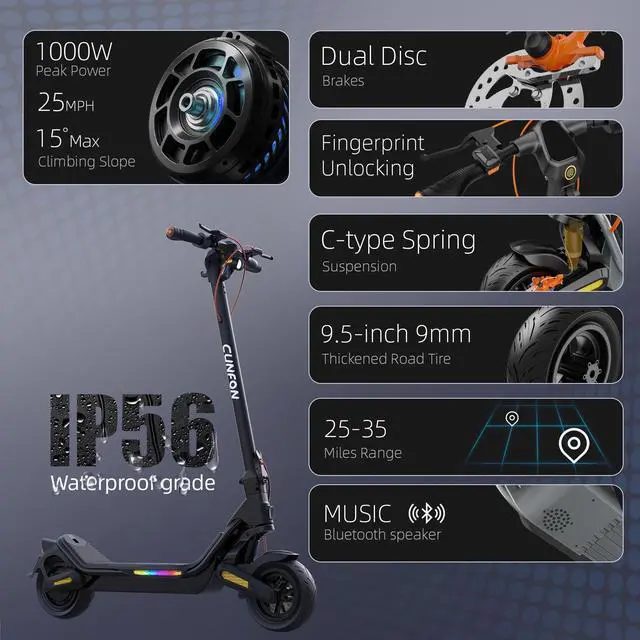 Alt view image 3 of 7 - CUNFON Electric Scooter Adults CUNFON RS500,Up to 25 MPH, 25-Mile Range,1000W Peak Motor, 624wh Battery, 9.5" Pneumatic Thickened Tire with Turn Signal E Scooter for Commute,UL2272 Certified