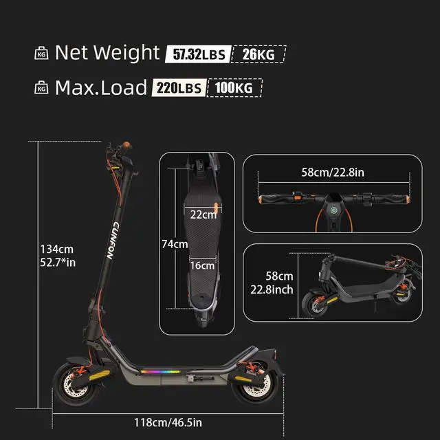 Alt view image 7 of 7 - CUNFON Electric Scooter Adults CUNFON RS500,Up to 25 MPH, 25-Mile Range,1000W Peak Motor, 624wh Battery, 9.5" Pneumatic Thickened Tire with Turn Signal E Scooter for Commute,UL2272 Certified