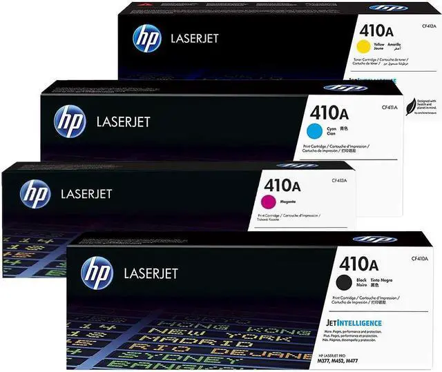 Main image of Original HP 410A Toner Cartridge 4-Pack (CF410A, CF411A, CF412A, CF413A)  Black, Cyan, Yellow, Magenta  Works with LaserJet Pro M452, M477 Series  Genuine OEM, Factory Sealed