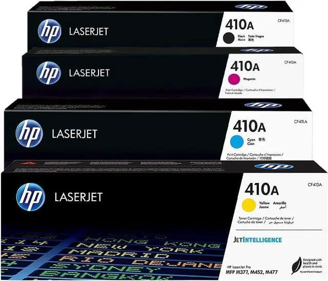 Alt view image 2 of 6 - Original HP 410A Toner Cartridge 4-Pack (CF410A, CF411A, CF412A, CF413A)  Black, Cyan, Yellow, Magenta  Works with LaserJet Pro M452, M477 Series  Genuine OEM, Factory Sealed