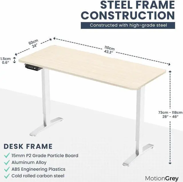 Alt view image 2 of 7 - MotionGrey Standing Desk Height Adjustable Electric Motor Sit-to-Stand Desk Computer for Home and Office - White Frame (43x24 Light Brown Tabletop)