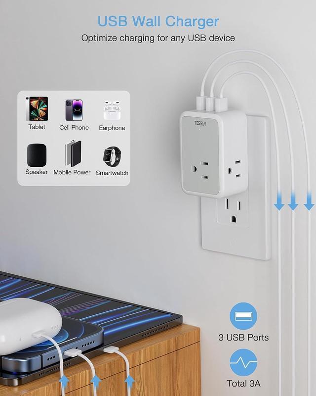 Multi Plug Outlet Extender with USB, TESSAN Surge Protector Splitter 3 USB  Wall Charger, Multiple Expander for Travel, Home, College Dorm Room