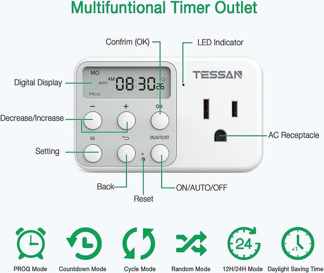 TESSAN Digital Timer Outlet, Light Timer Plug Support 24 Hour and 7 Day  Programmable, Cycle, Countdown