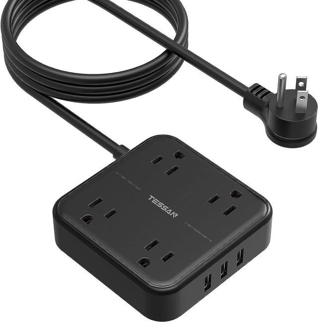 10ft Long Extension Cord Indoor, TESSAN Flat Plug Power Bar with 4 Outlets  3 USB Ports, Black Power Strip Wall Mount, Small Desk Charging Station for  Home, Office, Dorm Room Essentials 