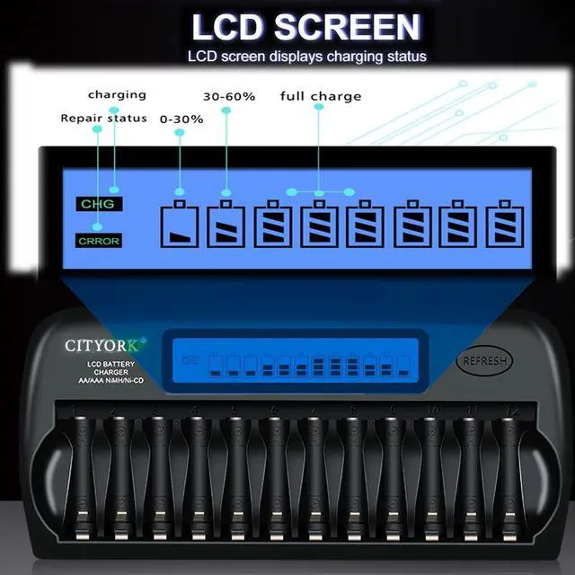 Alt view image 6 of 6 - CITYORK 12 Bay AA AAA Battery Charger,Household Rechargeable Battery Charger for 1.2v AA AAA Ni-MH/Ni-CD Rechargeable Batteries with Refresh Function with AC Wall Adapter-Upgrade