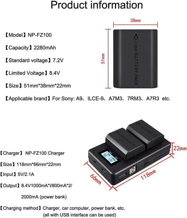 Alt view image 7 of 7 - CITYORK NP-FZ100 NP FZ100 NPFZ100 Battery+LCD Dual USB Charger for Sony Alpha A7III A7R III A9 Alpha 9 A7R3 A6600 ZV-E1 Camera 2280mAh