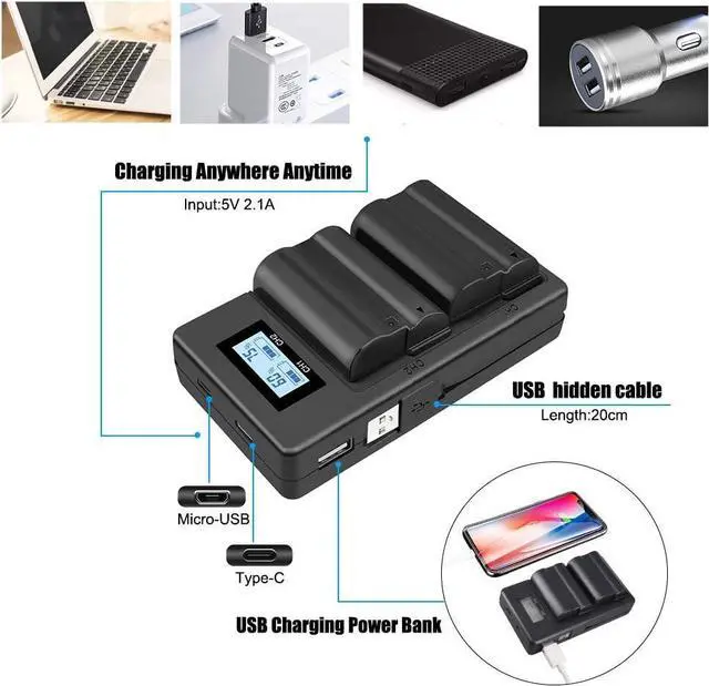 Alt view image 2 of 7 - CITYORK EN-EL15 EN-EL15A Battery Charger Set for Nikon d750, d7500, d850, d800 and More (2-Pack 2500mAh Replacement Battery, Micro USB Input Charger