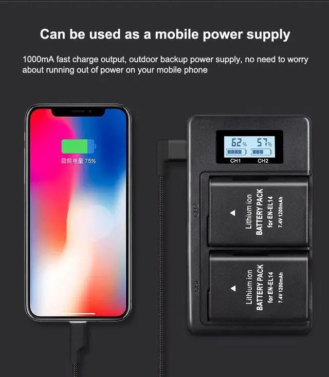 Alt view image 2 of 7 - CITYORK 2 Pack ENEL14 EL14a Batteries with USB LCD Smart Charger for Nikon D3100 D3200 D3300 D5100 D5500 D5300 P7000 P7700 P7800