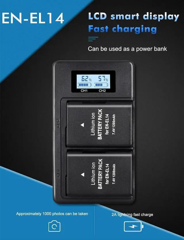 Alt view image 4 of 7 - CITYORK 2 Pack ENEL14 EL14a Batteries with USB LCD Smart Charger for Nikon D3100 D3200 D3300 D5100 D5500 D5300 P7000 P7700 P7800