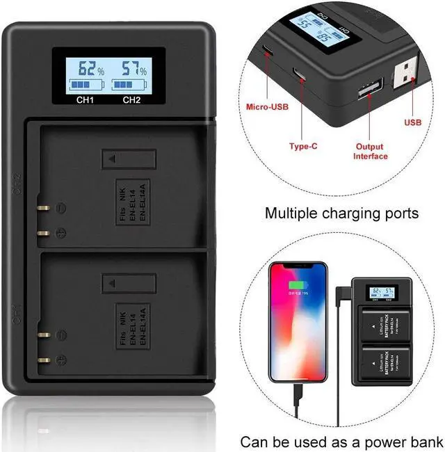 Alt view image 6 of 7 - CITYORK 2 Pack ENEL14 EL14a Batteries with USB LCD Smart Charger for Nikon D3100 D3200 D3300 D5100 D5500 D5300 P7000 P7700 P7800