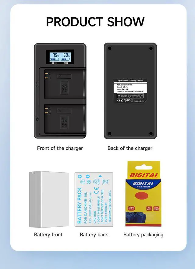 Alt view image 2 of 7 - CITYORK 2 Pack NB10L Battery With Fast charger For Canon SX40 HS SX40HS SX50 HS SX50HS G1 X G15 G16 SX60 HS G3X,1500mAh