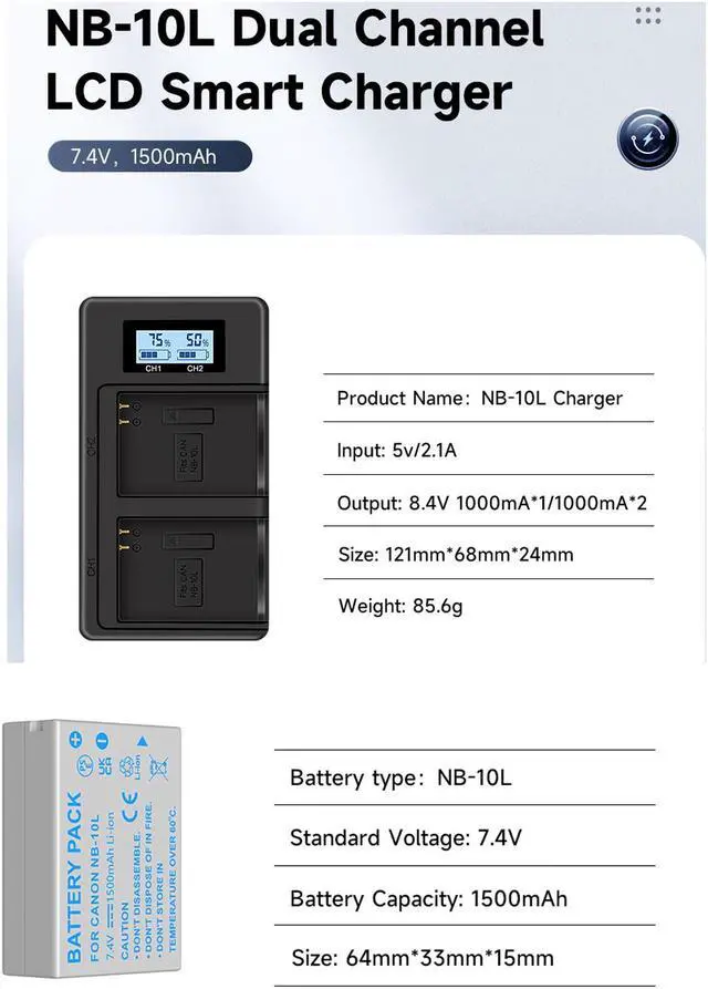 Alt view image 7 of 7 - CITYORK 2 Pack NB10L Battery With Fast charger For Canon SX40 HS SX40HS SX50 HS SX50HS G1 X G15 G16 SX60 HS G3X,1500mAh