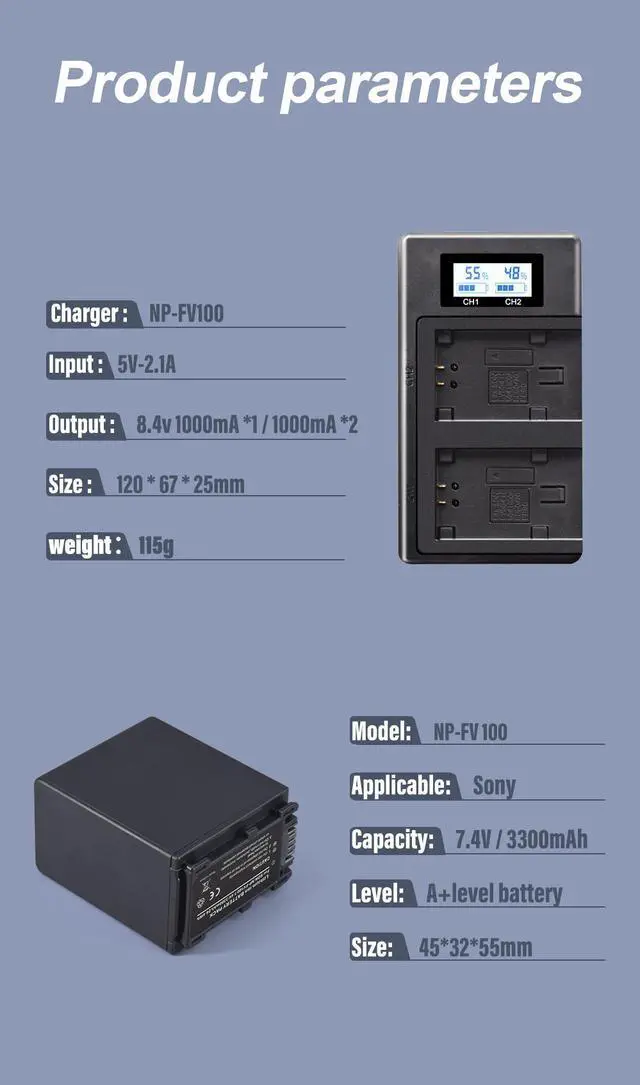 Alt view image 7 of 7 - CITYORK 2 Packs NP FV100 Batteries with LCD USB Charger for Sony NP-FV30 NP-FV50 NP-FV70 SX83E SX63E FDR-AX100E AX100E