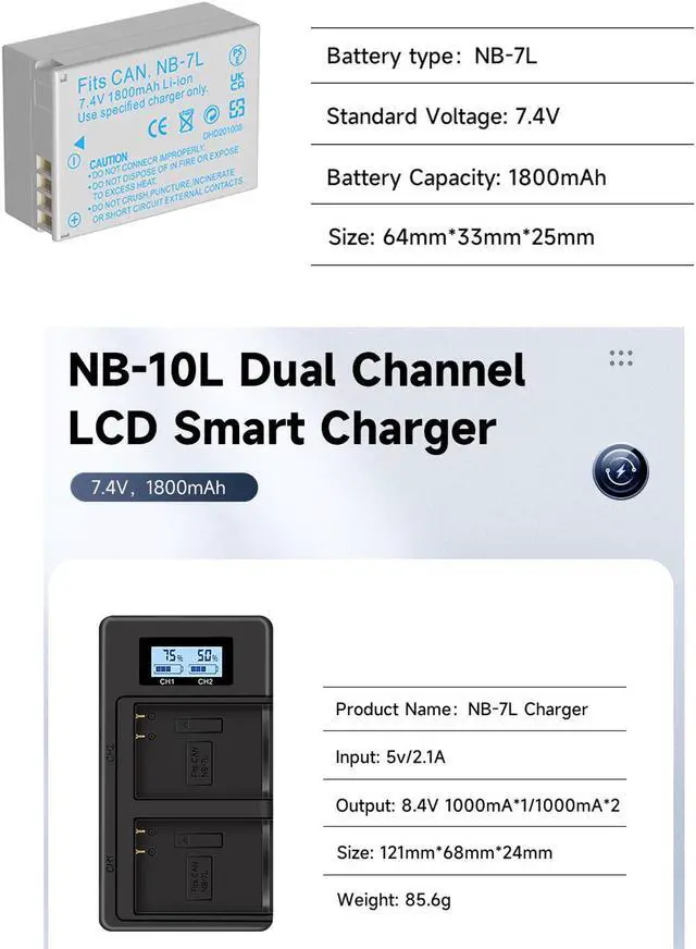 Alt view image 7 of 7 - CITYORK 2 Pack NB-7L batteries with Lcd intelligent Fast Charger For Canon PowerShot G10 11 12 SX30 Digital Camera,1800mAh