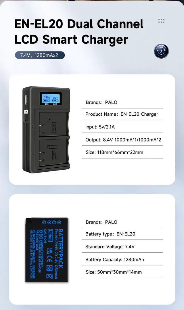 Alt view image 7 of 7 - CITYORK 2 Pack EN-EL20a Battery with LCD Dual USB Charger for Nikon Coolpix P1000, 1 j1, 1 J2, 1 J3, 1 S1, 1 V3, Coolpix A, Coolpix A1