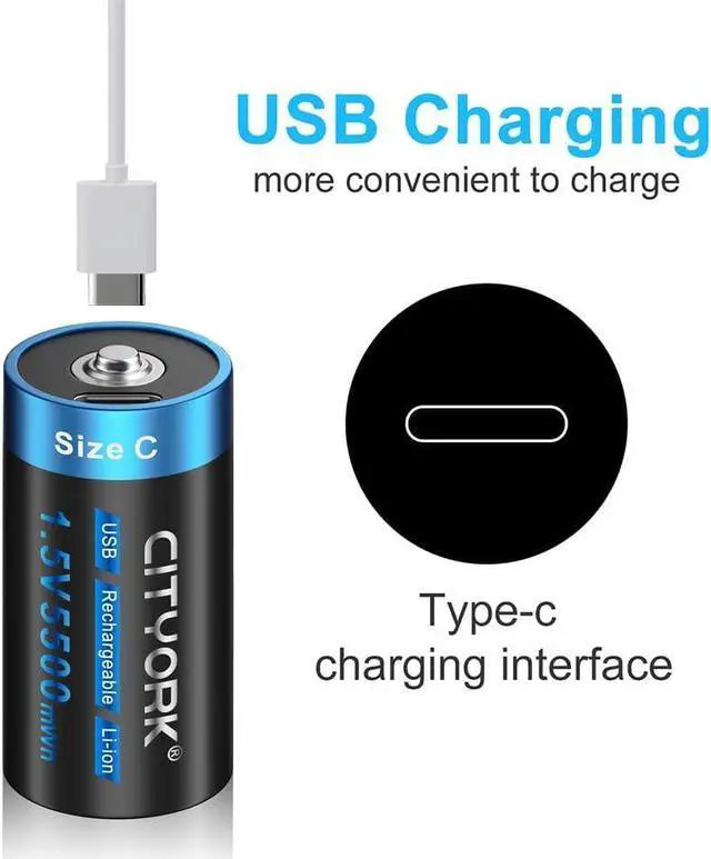 Alt view image 6 of 6 - CITYORK 4 Pack 1.5V 5500mWh USB Rechargeable C Lithium Batteries, Constant Output C Cell Li-ion Batteries, Fast Charging