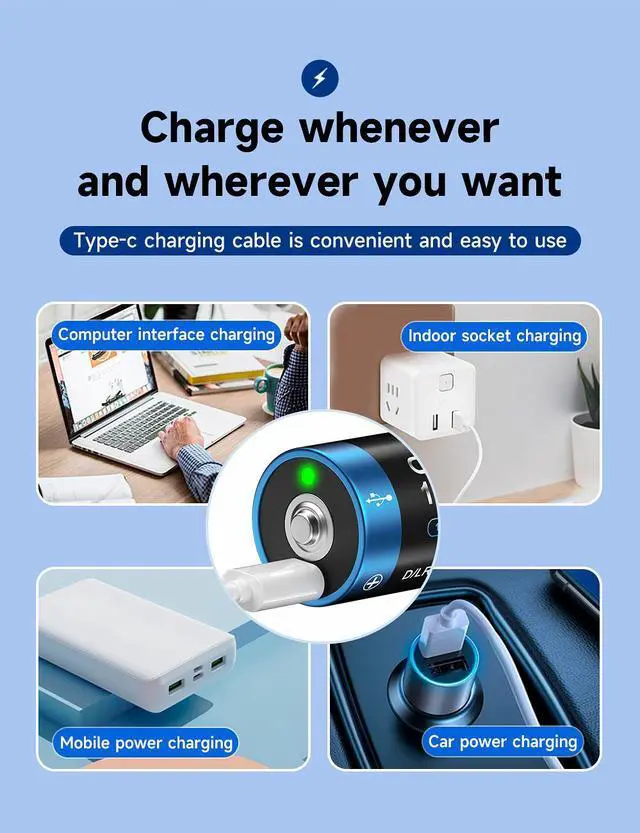 Alt view image 2 of 7 - CITYORK 4 Pack Constant 1.5V Rechargeable D Batteries USB 15000 mWh D Cell Li-ion Batteries