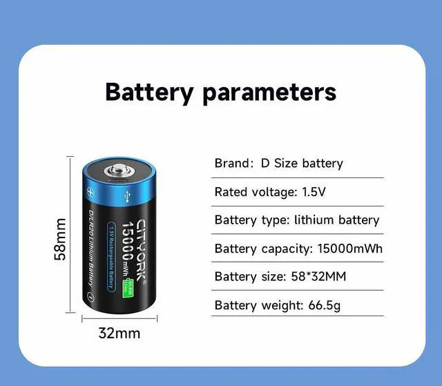 Alt view image 3 of 7 - CITYORK 4 Pack Constant 1.5V Rechargeable D Batteries USB 15000 mWh D Cell Li-ion Batteries
