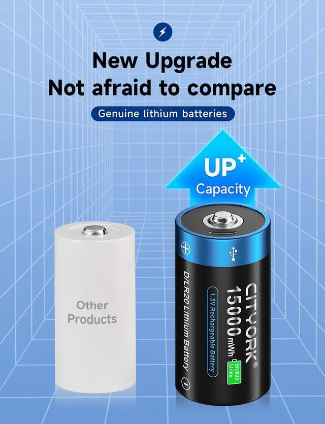 Alt view image 4 of 7 - CITYORK 4 Pack Constant 1.5V Rechargeable D Batteries USB 15000 mWh D Cell Li-ion Batteries