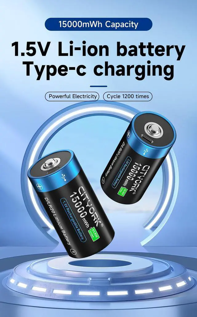 Alt view image 5 of 7 - CITYORK 4 Pack Constant 1.5V Rechargeable D Batteries USB 15000 mWh D Cell Li-ion Batteries