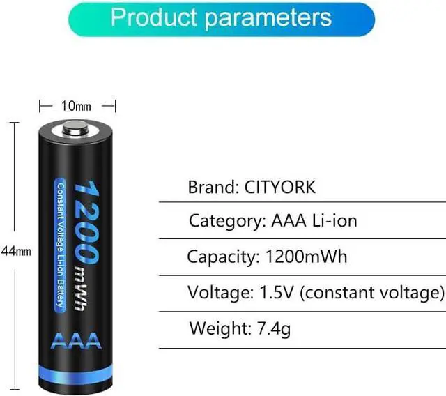 Alt view image 2 of 7 - CITYORK 1.5v AAA 1200mWh Lithium Rechargeable Batteries 8 Pack