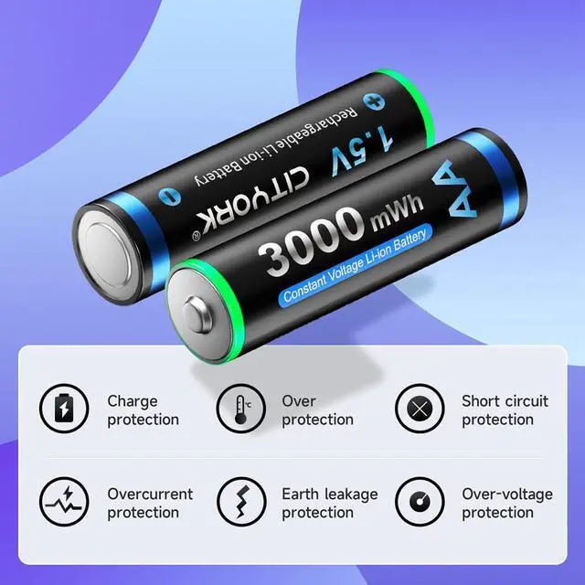 Alt view image 3 of 7 - CITYORK 1.5v AA 3000mWh Lithium Rechargeable Batteries 8 Pack