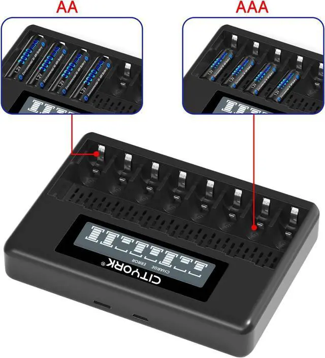 Alt view image 2 of 7 - CITYORK 8 Pack AA 3000mAh with 8 Pack AAA1100mAh 1.2V Ni-MH Rechargeable Batteries with Battery Case with 8 Bay AA AAA LCD Smart 1.2v NiMH/NiCd Charger