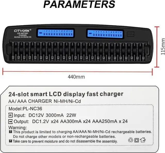 Alt view image 2 of 7 - CITYORK 24 Bays Large Smart Battery Charger LCD Display Quick for 1.2V AA/AAA NiMH/NiCd Rechargeable Batteries with Built-in IC Protection & AC Wall Adapter