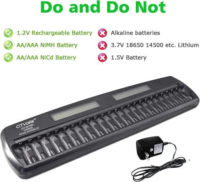 Alt view image 6 of 7 - CITYORK 24 Bays Large Smart Battery Charger LCD Display Quick for 1.2V AA/AAA NiMH/NiCd Rechargeable Batteries with Built-in IC Protection & AC Wall Adapter