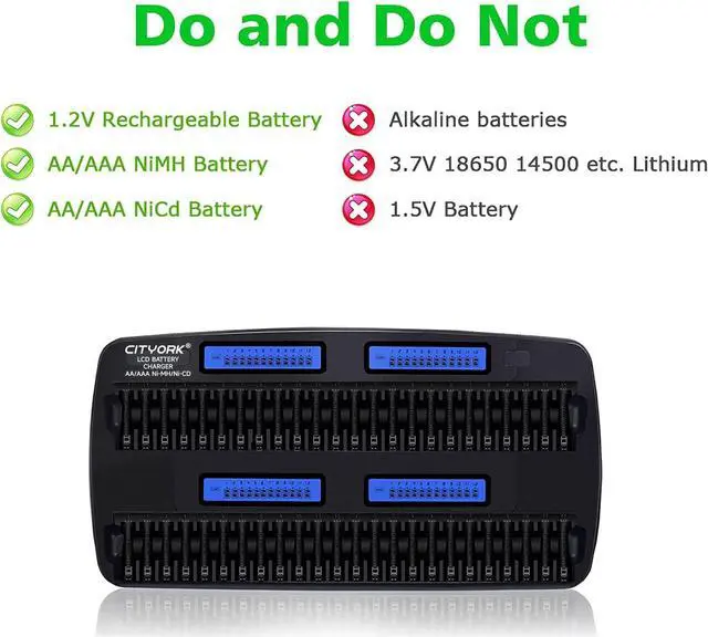Alt view image 4 of 7 - CITYORK 48 Bay AA AAA Multiple Battery Charger LCD Display for 1.2V AA/AAA NiMH/NiCd Rechargeable Batteries with Built-in IC Protection & AC Wall Adapter