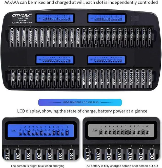 Alt view image 6 of 7 - CITYORK 48 Bay AA AAA Multiple Battery Charger LCD Display for 1.2V AA/AAA NiMH/NiCd Rechargeable Batteries with Built-in IC Protection & AC Wall Adapter