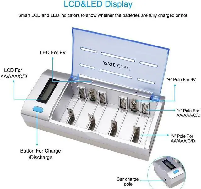 Alt view image 7 of 7 - Universal AA AAA C D 9V Battery Charger, LCD Smart Individual Charger with Discharge Function Fast Charging for AA AAA C D 9V Ni-MH Ni-CD Rechargeable Batteries