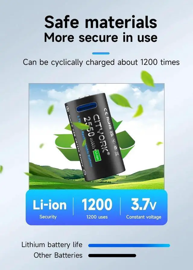 Alt view image 6 of 7 - CITYORK CR123A USB Battery 2550mWh 3.7V Rechargeable Li-ion Batteries For LED Flashlight RCR123 Battery+USB Type-c Cable