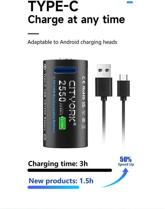 Alt view image 4 of 7 - CITYORK CR123A USB Battery 2550mWh 3.7V Rechargeable Li-ion Batteries For LED Flashlight RCR123 Battery+USB Type-c Cable