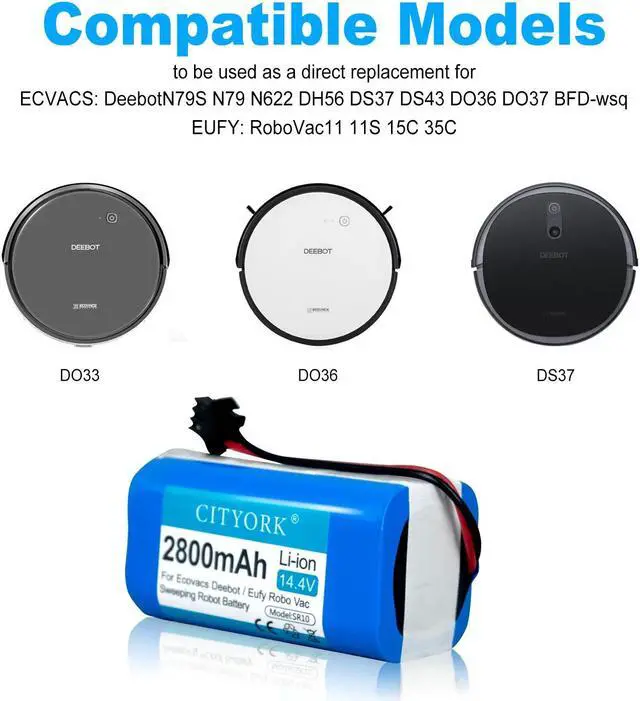 Alt view image 4 of 6 - CITYORK 2800mAh 14.4V Li-ion Battery for Ecovacs Deebot N79 N79S DN622 DH56 DS37 Eufy Robovac 11 11S 12 35C X500