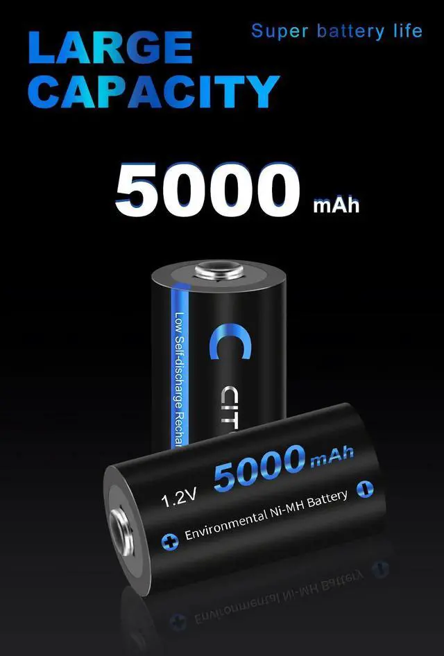 Alt view image 4 of 7 - CITYORK 6 Pack 5000 Mah 1.2V Ni-MH Rechargeable C Batteries, Discharge C Size Rechargeable Batteries
