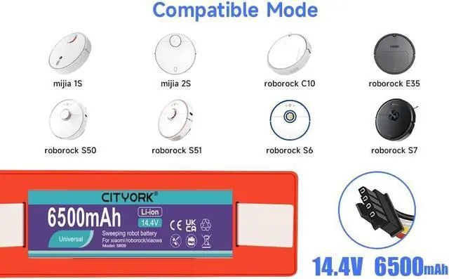 Alt view image 2 of 7 - CITYORK 14.4V 6500mAh Li-ion Replacement Battery for Xiaomi Mijia Roborock S5 S6 S7 S50 S51 S55 Series E20 E25 E35