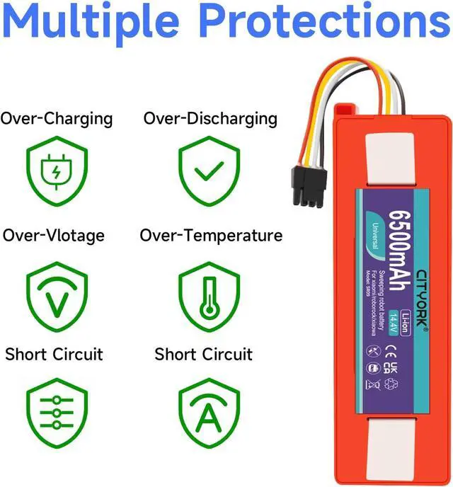 Alt view image 5 of 7 - CITYORK 14.4V 6500mAh Li-ion Replacement Battery for Xiaomi Mijia Roborock S5 S6 S7 S50 S51 S55 Series E20 E25 E35
