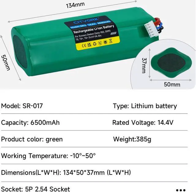 Alt view image 3 of 6 - CITYORK 6500mAh 14.4V Replacement Battery for Ecovacs Deebot T5 T8 T8+ T9 T9+ Deebot Ozmo 950 T10 T9 DX65, DX93, DX96 X1 X1 Omni X1 Turbo X1 Plus DBX11-11/21 DLX11-21/61 201-1913-4201 S10-LI-144-5200