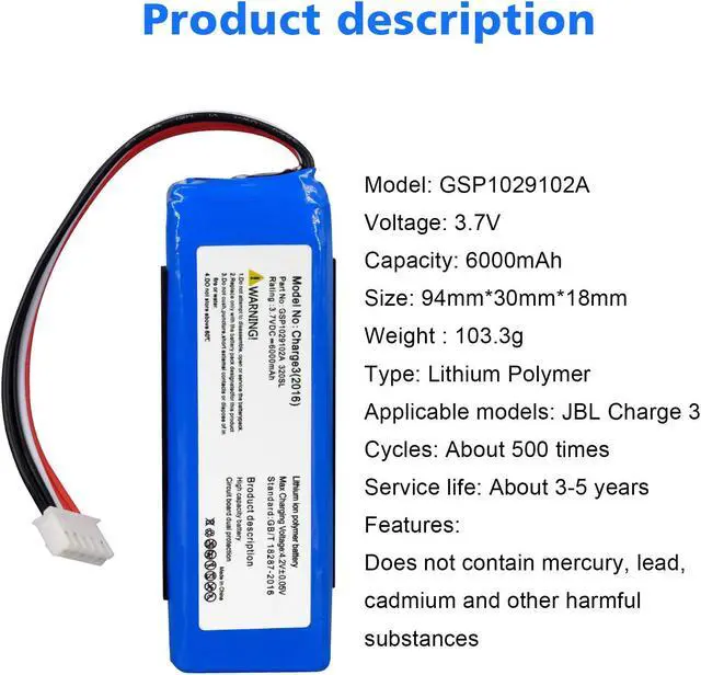 Alt view image 2 of 7 - CITYORK Replacement Battery for JBL Charge 3 2016 Version Part Number GSP1029102A (102A1) 6000mAh 3.7V