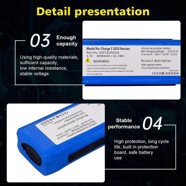 Alt view image 5 of 7 - CITYORK Replacement Battery for JBL Charge 3 2016 Version Part Number GSP1029102A (102A1) 6000mAh 3.7V